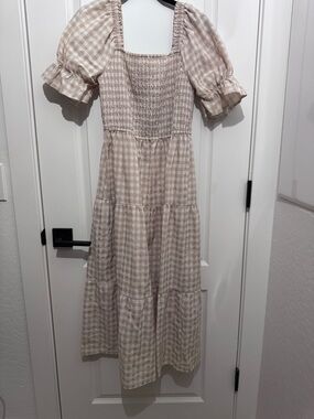 Smocked Gingham Maxi Dress in Beige